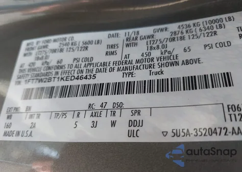 2019 Ford F-250 Xlt from USA, damaged, VIN 1FT7W2BT1KED46435